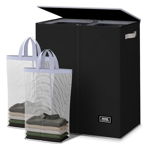 SOLEDI Double Laundry Hamper with Lid and Removable Laundry Bags - Large Dirty Clothes Hamper 2 Section - Collapsible Laundry Baskets for Bedroom, Bathroom, Laundry room, Apartment, Black