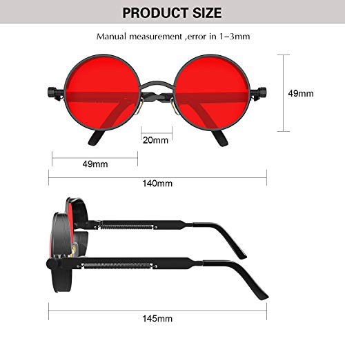 PROUDDEMON Retro Gothic Steampunk Sunglasses for Women Men Round Lens Metal Frame(GOLD RED)