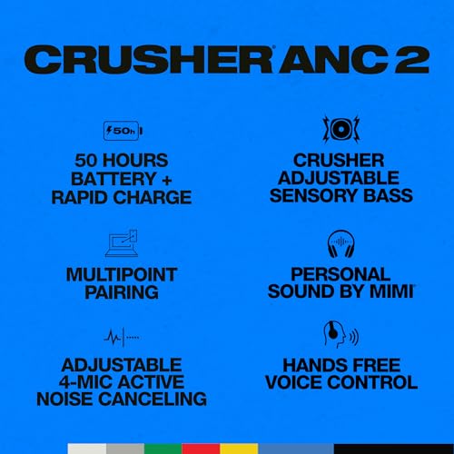 Skullcandy Crusher ANC 2 Over-Ear Noise Canceling Wireless Headphones with Sensory Bass and Charging Cable, 50 Hr Battery, Skull-iQ, Alexa Enabled, Microphone, Works with Bluetooth Devices - Black