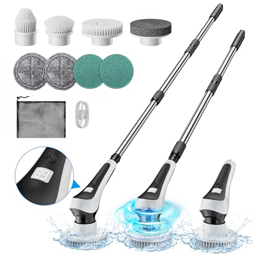 Electric Spin Scrubber,Cordless Cleaning Brush with Power Display Screen,IP68 Waterproof Shower Cleaning Brush with 8 Replaceable Brush Heads,Adjustable & Detachable Handle and 2 Adjustable Speeds