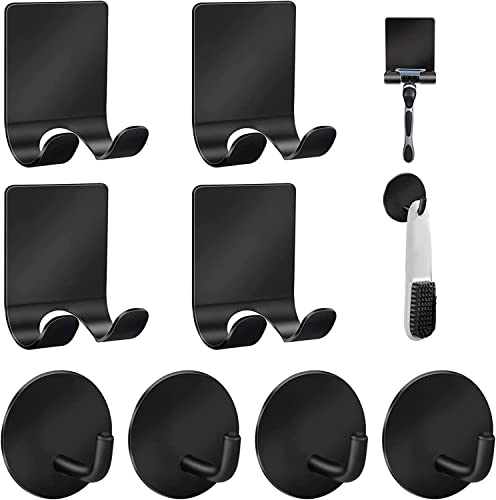 Diesisa Razor Holder for Shower + Adhesive Wall Hooks, Premium 304 Stainless Steel Shower Razor Holder with Heavy Duty Waterproof Sticky Hooks for Hanging Towels, Coat, hat (4+4 Pack) - Black