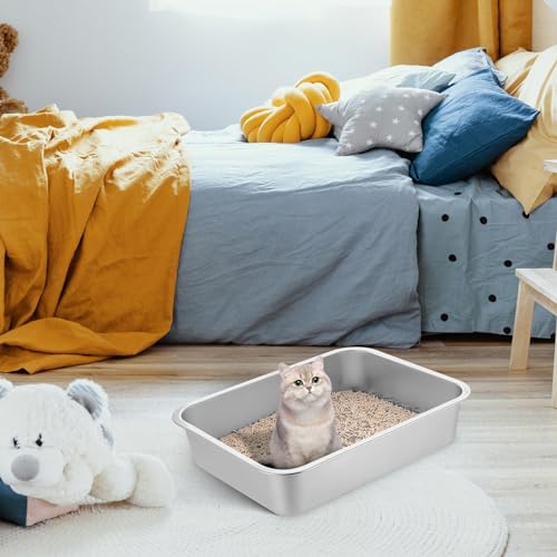 Stainless Steel Cat Litter Box, 15.7x11.8x3.9 Small Cat Metal Litter Box with Steel Scoop Anti Slip Stickers, Metal Litter Box for Kitten, Young Cats and Rabbits (Set of 1)