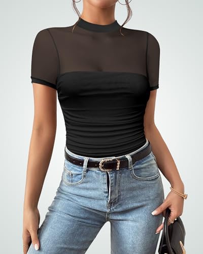 Kentysill Sexy Mesh Bodysuits for Women: Mock TurtleNeck Short Sleeve Ruched Body suit Summer Trendy Going Out Tops White S