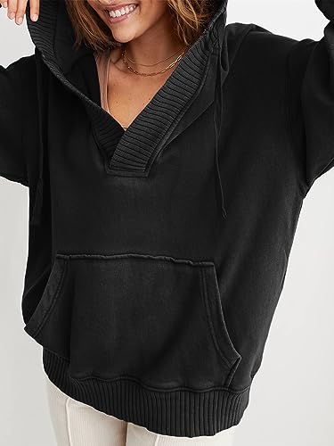 Fisoew Womens Casual Oversized Hoodies V Neck Long Sleeve Loose Pullovers Hooded Sweatshirts Tops Active Hoodie Light Grey