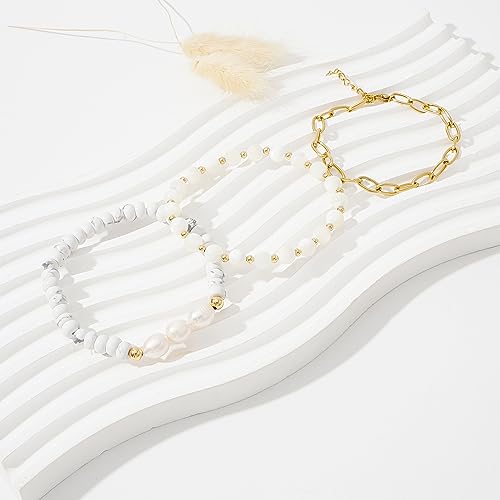 MAMA Bracelet Dainty Gold Crystal Beaded Bracelets Set for Women Stackable 14K Gold Plated Beads Nature Stone Layered Stretch Bracelets Mother's Day Gifts for Mom Grandmom