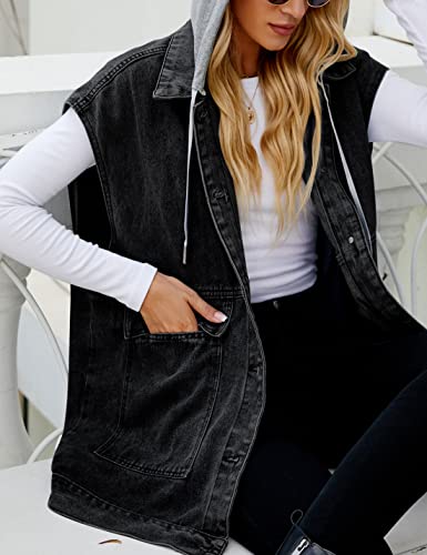 Zontroldy Denim Jean Vest for Women Oversized Sleeveless Button Down Denim Jean Vest Waistcoat Shacket Jacket with Hooded(0170-02Khaki-S)