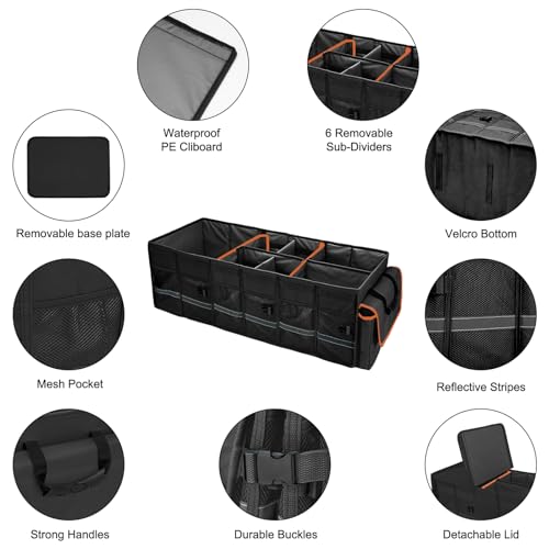 Car Trunk Organizer and Storage with Lid & Removable Leakproof Cooler Bag, 6 Removable Dividers for Custom Space, Collapsible Large Trunk Organizers for SUV Sendan with Non Slip Bottom&Foldable Cover