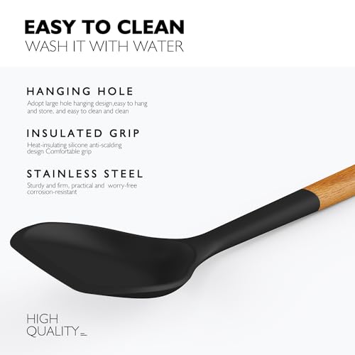 Large Silicone Cooking Utensils Set - Heat Resistant Silicone Kitchen Utensils for Cooking w Wooden Handles, Spatula Set, Kitchen Utensil Gadgets Sets for Non-Stick Cookware, BPA Free (Black)