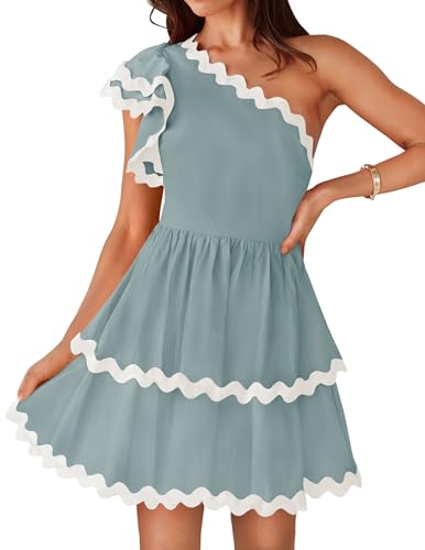 ZESICA Women's 2024 Summer One Shoulder Dresses Ruffle Short Sleeve Tiered Layered Swing A Line Mini Sundress,Black,Small