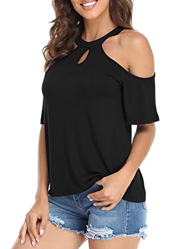 Womens Summer Black Cold Shoulder Tops Sexy Casual Short Sleeve 2024 Trendy Ladies Cute Cut Out Keyhole Halter Going Out T Shirts Blouse S