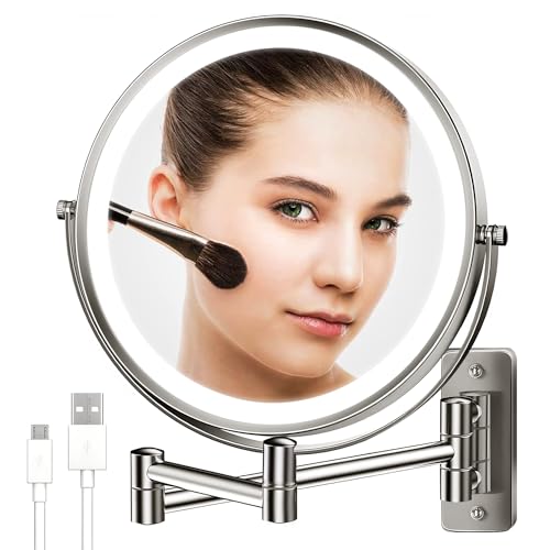 Wall Mounted Lighted Makeup Mirror Brushed Nickel, 1X/10X Magnifying Vanity Mirror with 3 Color Lights, LED Dimmable 4000mAh Rechargeable Light up Mirror, 360° Swivel Shaving Mirror 17 Inch Extendable