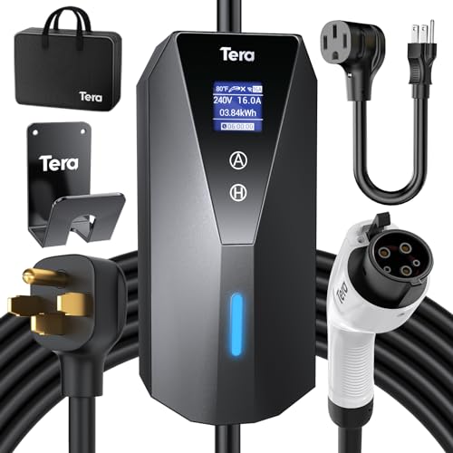 Tera Electric Vehicle Charger Portable: Level 2 & 1 J1772 16A 8A 110V 240V ETL NEMA 6-20 Plug Indoor & Outdoor EV Charging Station with NEMA 5-15 Adapter Cord 23FT Cable B08