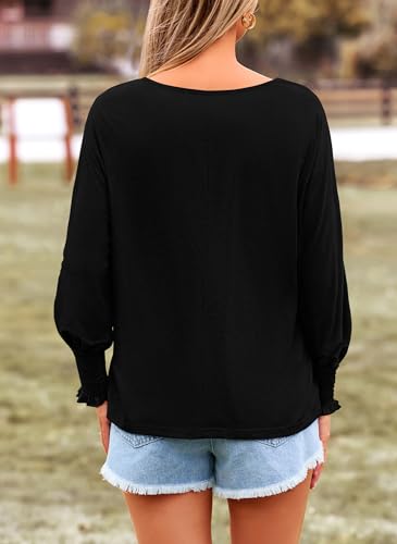 PRETTYGARDEN Women's 2024 Fall Fashion T Shirts Puff Long Sleeve Crewneck Casual Basic Tee Tops Blouses (Black,Small)