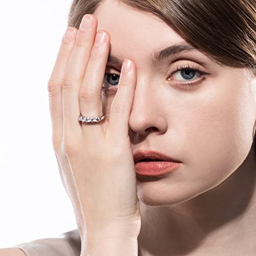 AnuClub 5 Stone Moissanite Wedding Band 1.5cttw D Color Lab Diamond 14k Yellow Gold Plated Silver Eternity Rings, Christmas Gift For Women With Certificate 10