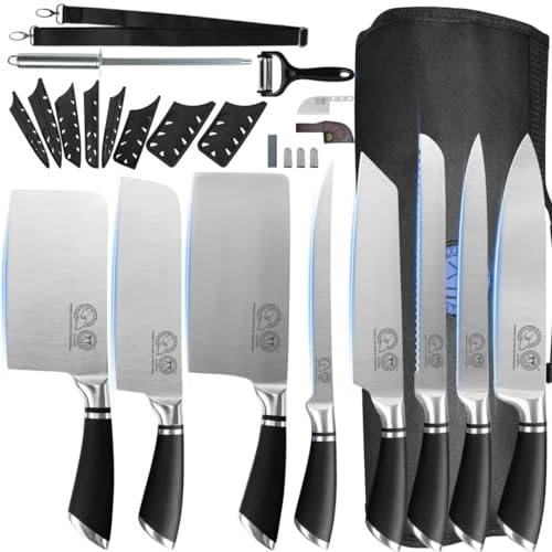 XYJ 8-Piece Stainless Steel Knife Set with Sheath & Bag - Professional Chef's Knives for Meat, Vegetable & Kitchen Tasks, Ergonomic Handles for Comfortable Cutting