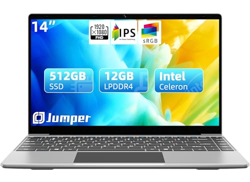 jumper Laptop, 12GB DDR4 RAM 512GB SSD, 14 Inch 1080p FHD IPS Screen, Quad-Core Celeron Processor, UHD Graphics 600, Portable Computer with Dual Stereo Speakers, 5G WiFi, Type-C, Webcam.