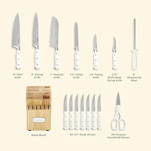 Cuisinart 15-Piece Knife Set with Block, High Carbon Stainless Steel, Forged Triple Rivet, White, C77WTR-15P