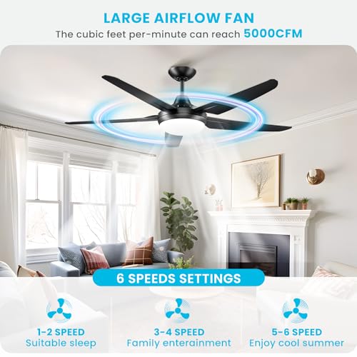 CJOY 54 inch Ceiling Fans with Lights and Remote, Black Ceiling Fan with Light 5 Blades, Dimmable LED 3000K/4000K/6500K, Quiet Reversible DC Motor, 6 Speeds,Timer, Indoor/Outdoor