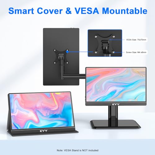 KYY Portable Monitor for Laptop, 14" FHD 1080P Travel Monitor, USB-C & HDMI Computer Gaming Screen with VESA Mount & Smart Cover, Dual Speakers, for Mac PC Phone Xbox PS5 Switch