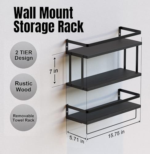 RICHER HOUSE Dual-Level Guardrail Floating Shelves, Rustic Wood Bathroom Shelf Wall Mounted, Over Toilet Paper Storage Shelves for Bathroom Wall Decor, Bathroom Organizers and Kitchen Storage - Black