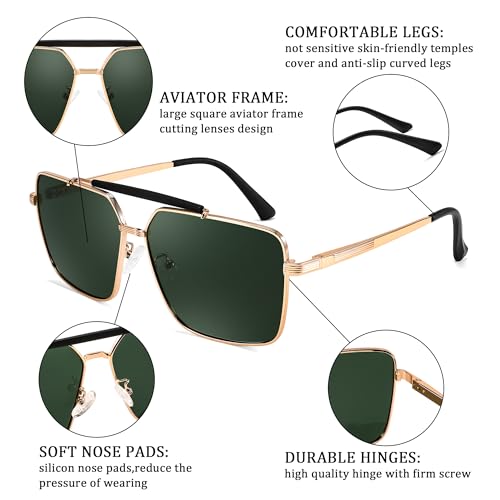 FEISEDY Trendy Polarized Aviator Sunglasses Womens Mens Retro Square Double Bridge Metal 90s Shades B0098