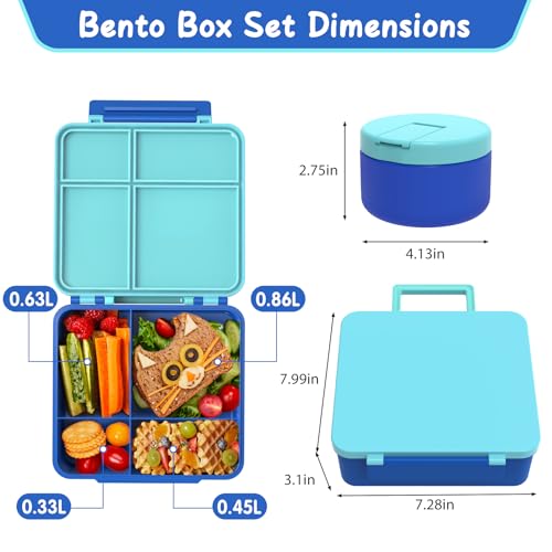 Bento Lunch Box with 8oz Soup Thermo, Leak-Proof Lunch Containers with 4 Compartment, Thermo Hot Food Jar and Insulated Lunch Bag for School Black