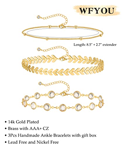 WFYOU Gold Ankle Bracelets for Women Dainty 14k Gold Plated Anklets for Women Waterproof Layered Adjustable Women's Anklets 3Pcs Gold Anklets Set Summer Beach Foot Anklet Jewelry Gift for Women