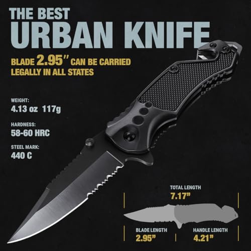 2.95” Serrated Blade Pocket Knife - Black Folding Knife with Glass Breaker Legal Pocket Knife- Small EDC Knife with Pocket Clip for Men Women - Sharp Tactical Camping Survival Hiking Knives 6680