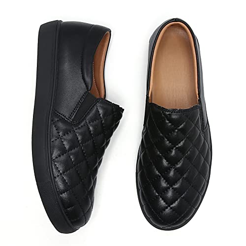 Womens Loafers Slip On Shoes Quilted Leather Comfort Memory Foam Non Slip Work Shoes Soft Casual Driving Flat Sneaker Ladies All Black US 6.5