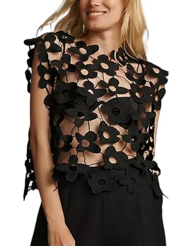 Yimoon Women's Hollow Out Floral Lace Vest Sleeveless Crewneck Cover Up Summer Going Out Tops(01Black-S)