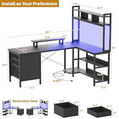 Aheaplus L Shaped Desk with Hutch, Gaming Desk with Led Lights, Reversible Computer Desk with Power Outlet, Corner Desk with File Drawer & Monitor Stand, Storage Shelves for Home Office, Black