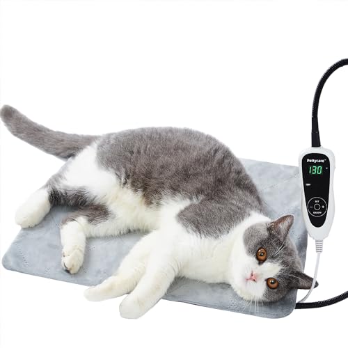 pettycare Pet Heating Pad for Dog Cat, Electric Heating with Steel-Wrapped Cord, 25-Level Timer & 11-Level Temperature Indoor Warming Pads Easy Clean for Puppy Cat Dog S 17.4x14inch