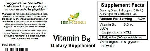 Herb-Science Liquid Vitamin B6 Drops - Pyridoxine Extract Dietary Supplement to Support Brain Function, Immunity, Nervous System, Heart Health, Metabolism - 500% DV, 36 Servings per Bottle - 1 fl. oz.