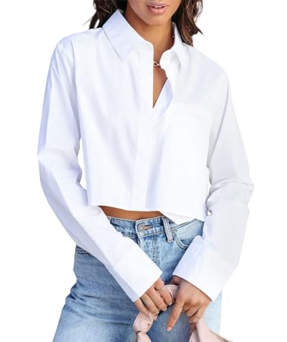 Womens Button Down Cropped Shirts Long Sleeve Summer 2024 Casual Crop Tops Solid Loose Blouse Shirt with Chest Pocket Blue Small