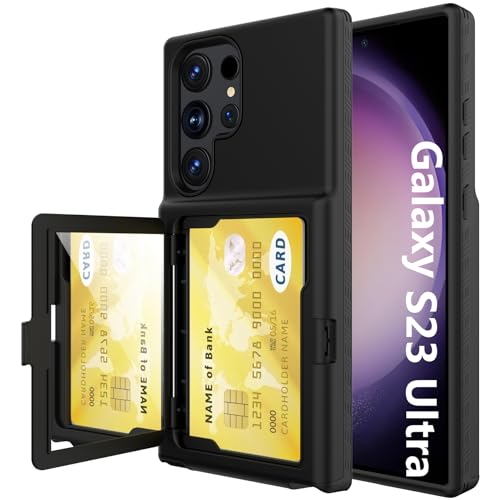 KJSK Wallet Case for Samsung Galaxy S23 Ultra (2023) with [Card Holder]&[Built-in Mirror]&[Kickstand] - Rugged Military Grade Drop Protection Case for S23 Ultra 6.8" - Black