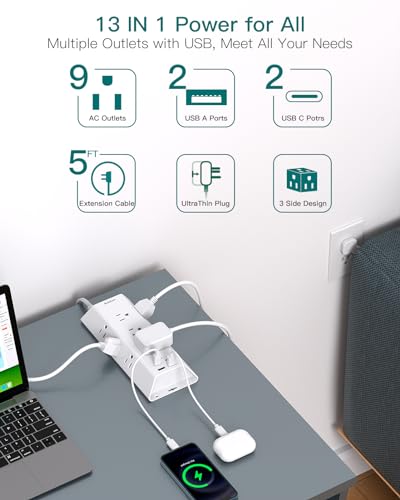 Surge Protector Power Strip, Addtam 5 ft Flat Plug Extension Cord with 4 USB Wall Charger(2 USB C Port), 9 Widely Outlets Desk Charging Station, Home Office and College Dorm Room Essentials