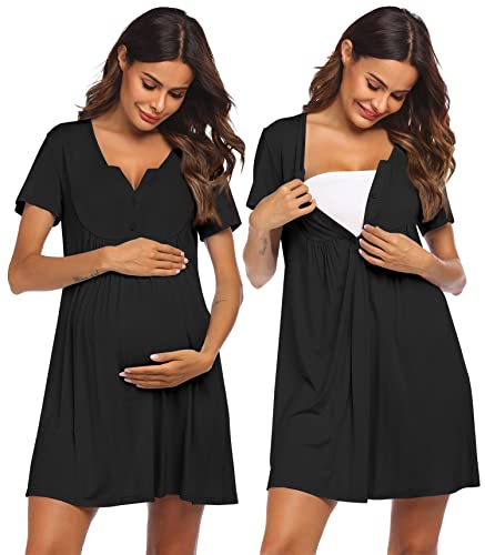 Ekouaer Womens, Labor/Delivery/Maternity/Nursing, Short Breastfeeding Nightgown Nightshirt for Hospital, Black, Medium