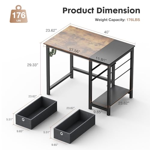 DUMOS Computer Desk with Drawers 48 Inch Office Bedroom Kids Writing Work Study 2-Tier Storage Drawers & Shelf Simple Modern Wood PC Table