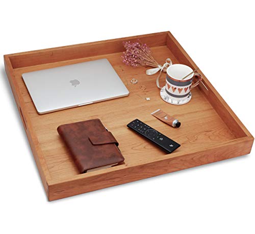 MAGIGO 24 x 24 Inches Large Square Cherry Wood Ottoman Tray with Handles, Serve Tea, Coffee or Breakfast in Bed, Classic Wooden Decorative Tray