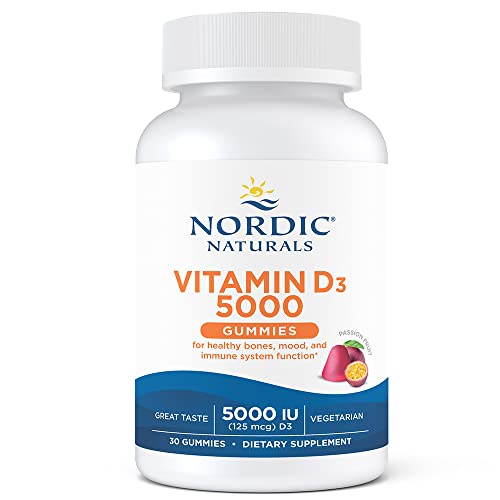 Nordic Naturals Vitamin D3 5000 Gummies, Passion Fruit - 30 Gummies - Support for Healthy Bones, Mood, & Immune System - Vegetarian - Non-GMO - 30 Servings