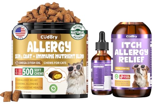 Allergy Relief for Dogs and Cats - Cat Allergy Tasty Chews + Dog Allergy Relief Drops- Healthy Skin, Gut & Coat Support for Cat or Dog Supplements Probiotic & Vitamins