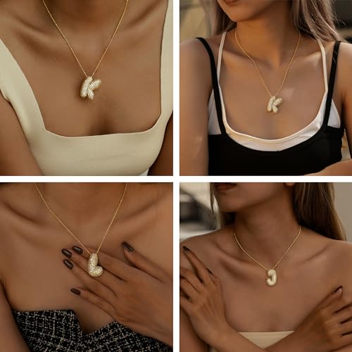 Honsny Bubble Letter Necklace Gold, 18K Gold Plated CZ Balloon Initial Necklaces for Women Chunky Diamond Pendant Charm Gold Necklace for Teen Trendy Personalized Alphabet Jewelry Gift For Her