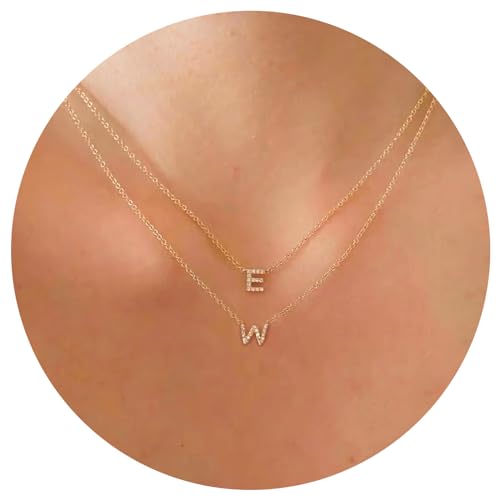 ALLNEWBEE 14K Yellow Gold Plated Cubic Zirconia Initial Necklace | Initial Pendant Letter A-Z Necklace for Women (W)
