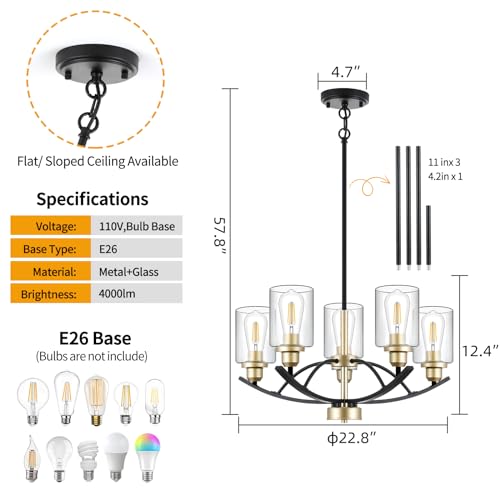 9MMML 5 Lights Glass Chandelier,Wrought Iron Pendant Light Fixtures, Gold+Black Finish Kitchen Island Lighting for Dining&Living Room Foyer Bar