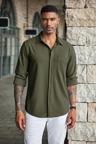 COOFANDY Men's Wrinkle Free Dress Shirts Slim Fit Stretchy Lightweight Shirts Army Green