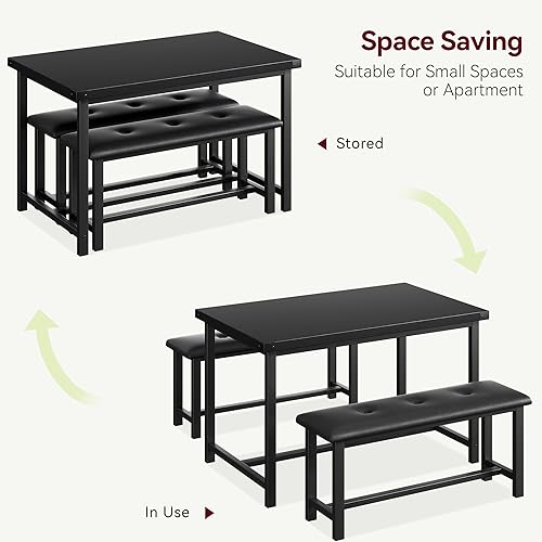 GAOMON Dining Table Set for 4, Kitchen Table with Benches, Rectangular Dining Room Table Set with 2 Upholstered Benches, 3 Piece Kitchen Table Set for Small Space, Apartment, Studio, Retro Black