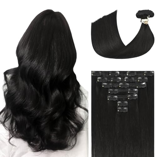 Ukira Black Hair Extensions Real Human Hair Clip in, 14 Inch 120g Jet Black Clip in Hair Extensions Real Human Hair, Natural Straight Full Head Remy Human Hair Extensions Clip in Extensions