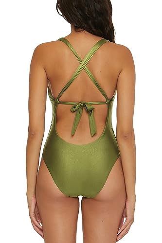 Becca by Rebecca Virtue Women's Standard Color Sheen One Piece Swimsuit, Plunge Neck, Sexy Satin, Bathing Suits, Agave