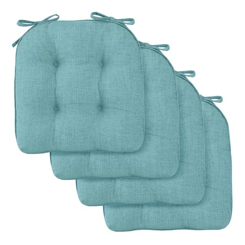 downluxe Indoor Chair Cushions for Dining Chairs, Tufted Overstuffed Textured Memory Foam Kitchen Chair Pads with Ties and Non-Slip Backing, 15.5" x 15.5" x 4", Navy, 4 Pack