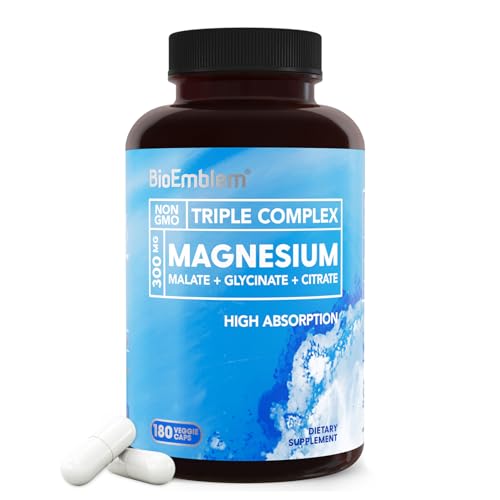 BioEmblem Triple Magnesium Complex | 300mg of Magnesium Glycinate, Malate, & Citrate for Muscles, Nerves, & Energy | High Absorption | Vegan, Non-GMO | 90 Capsules